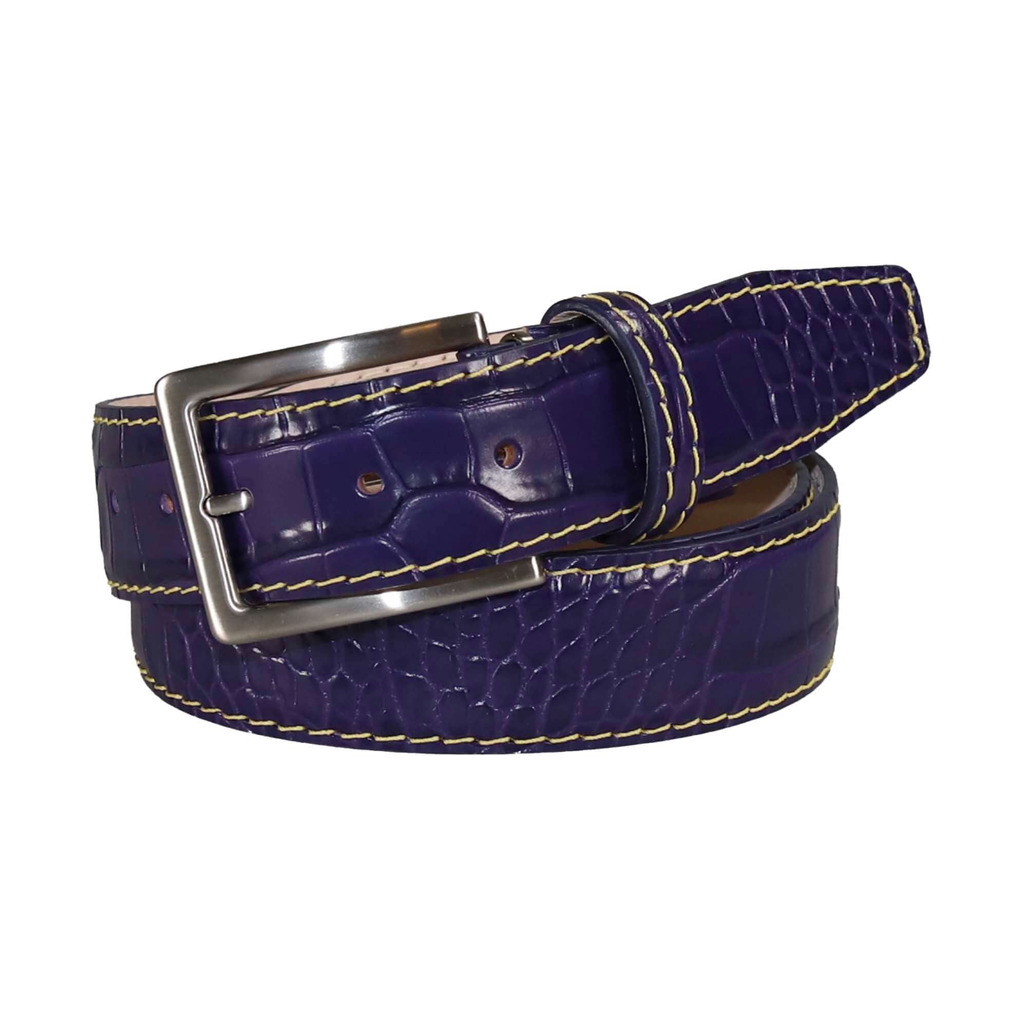 Purple Mock Crocodile Leather Belt | Mens Leather Goods | Mock Croc | Roger Ximenez