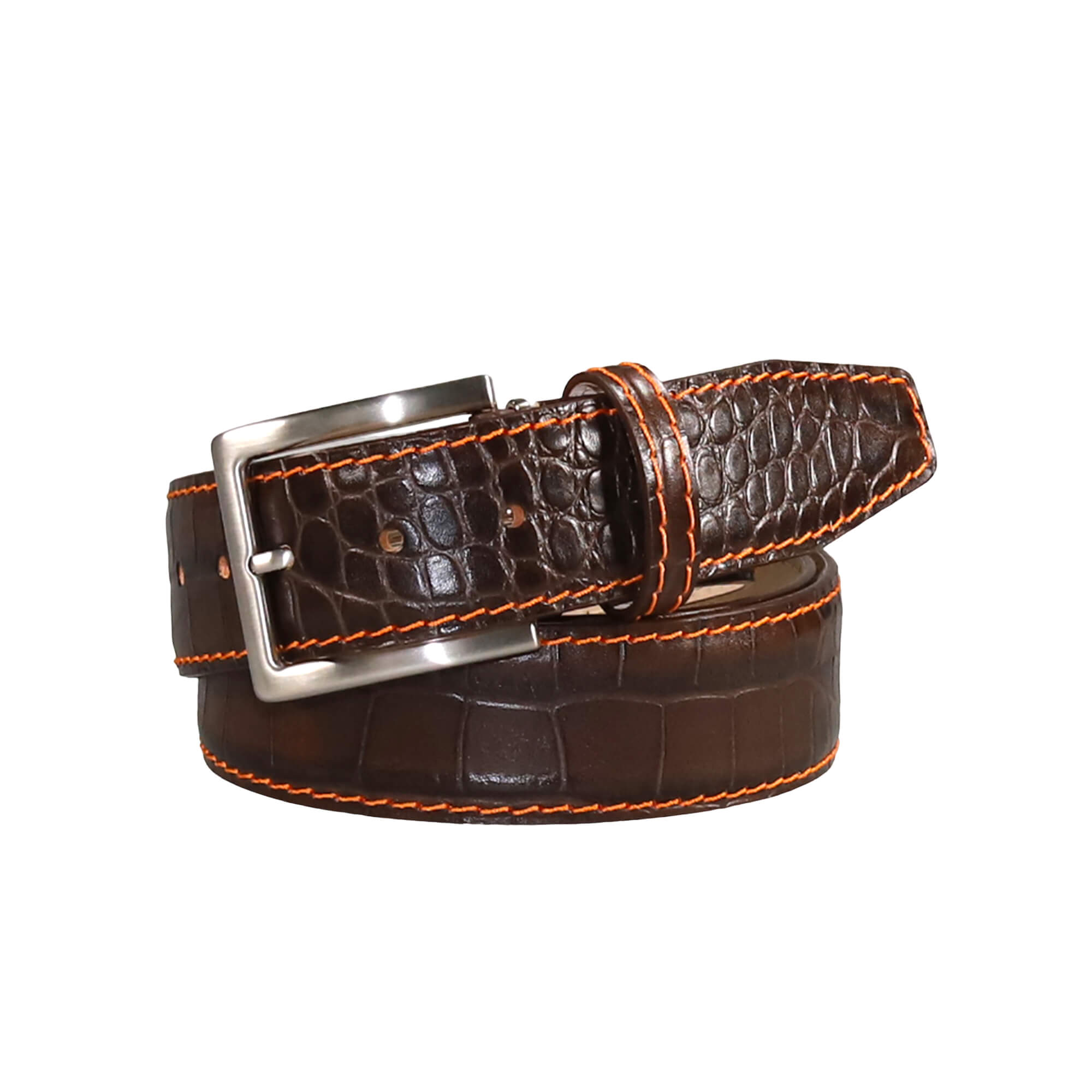 Greg Norman Crocodile Print 38mm Wide Leather Belt - Brown