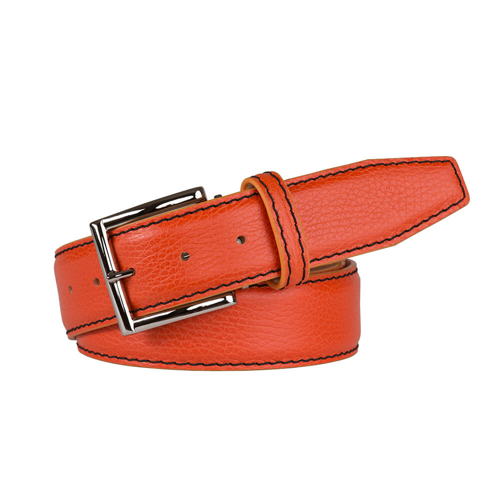 Tangerine Italian Pebble Grain Belt | Designer Leather Goods